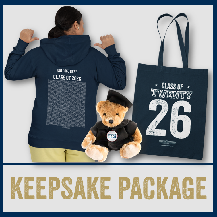 Navy hoodie, tote bag, teddy bear, and personalized items with 'Class of Twenty Twenty-Six' text.