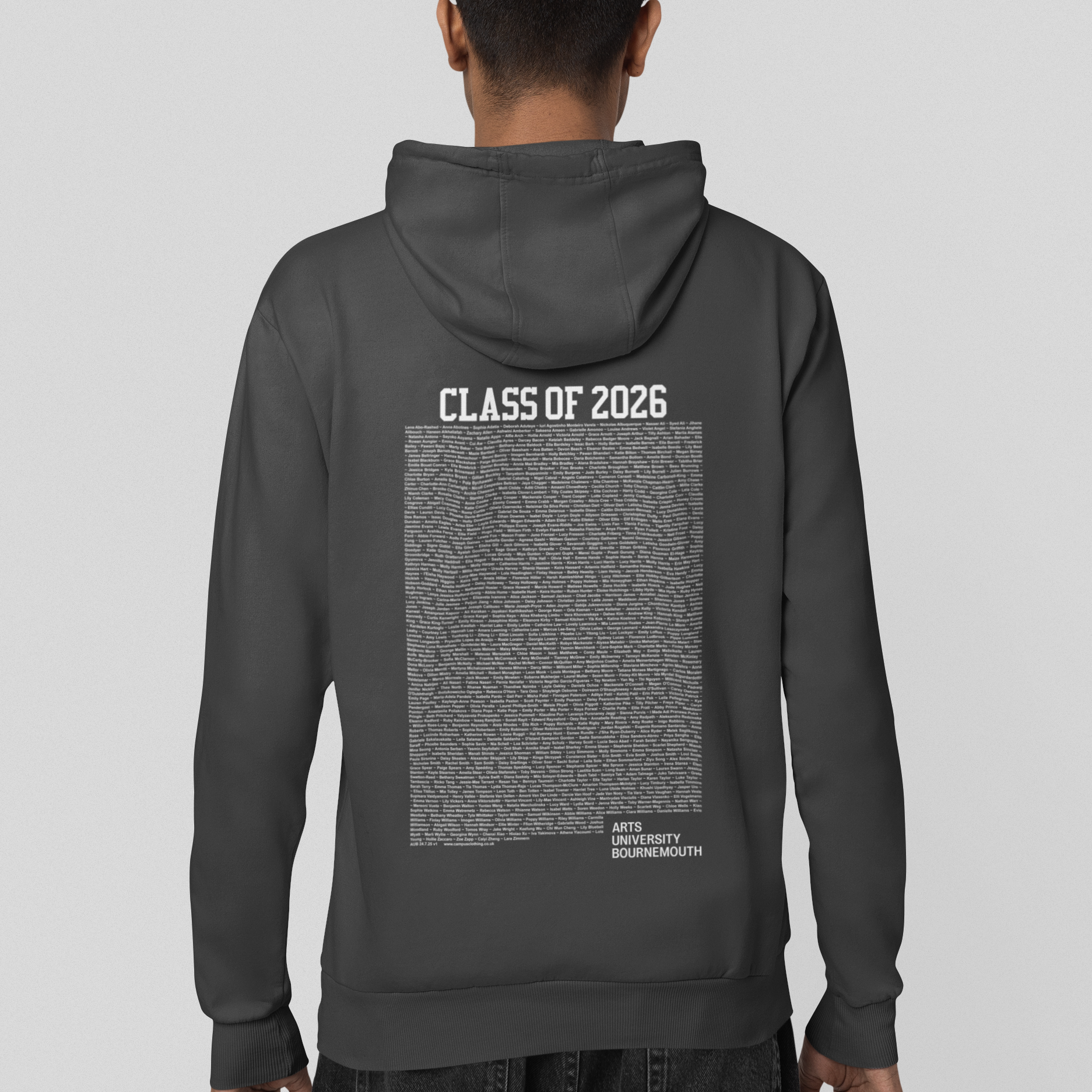 Arts University Bournemouth dark gray hoodie with 'Class of 2026' text on the back