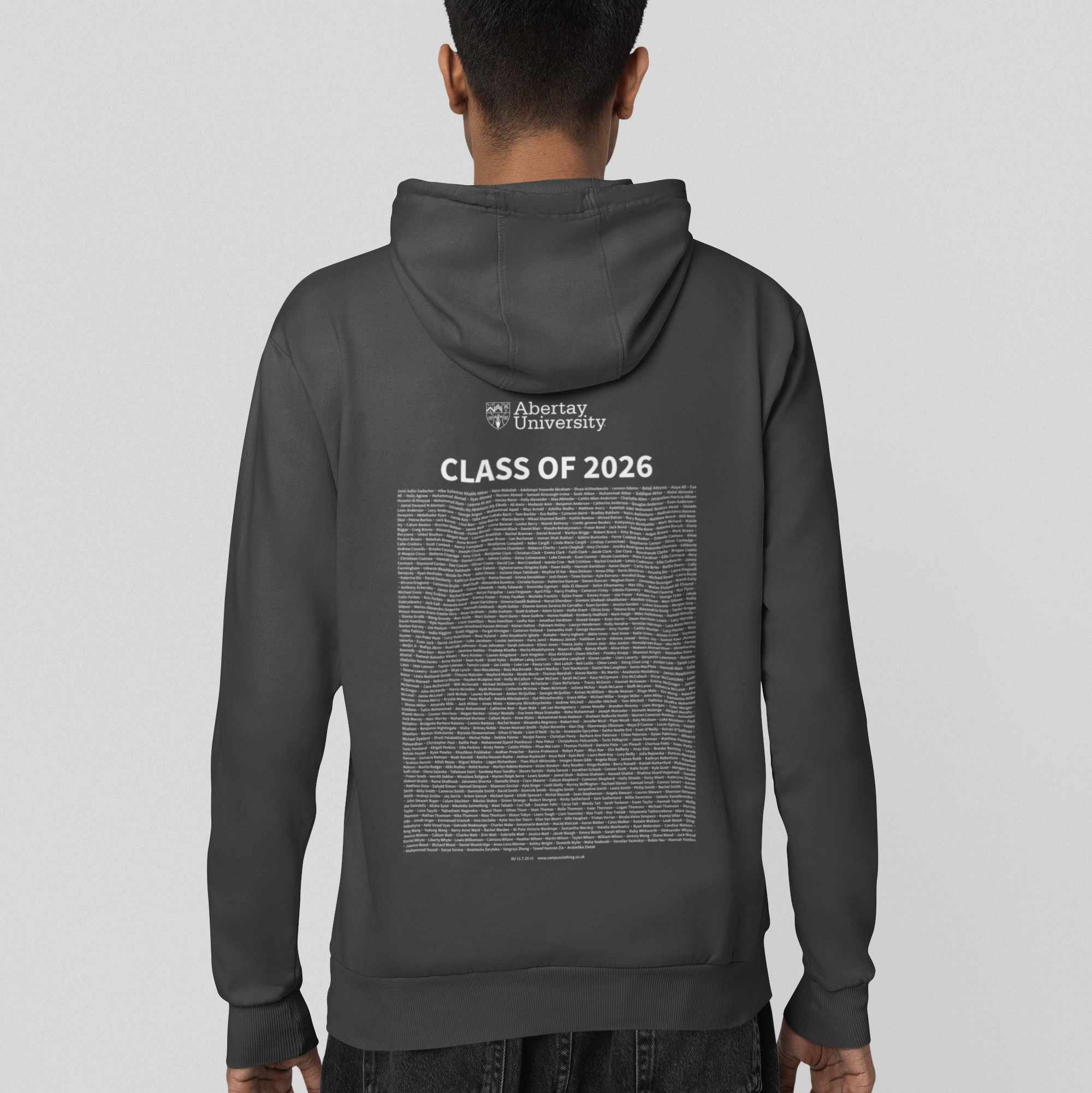 Person wearing a grey Abertay University hoodie with 'Class of 2026' text and graduate names-list printed on the back.