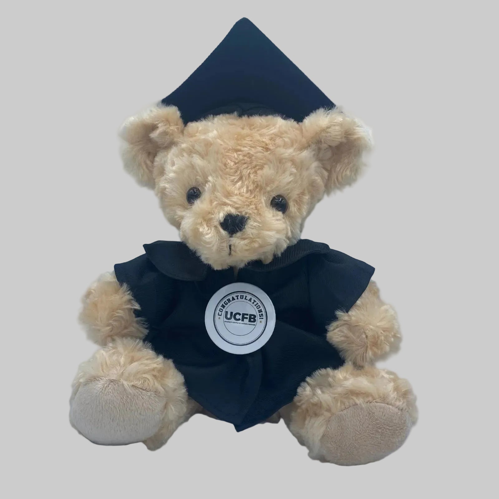 Beige teddy bear wearing a black graduation cap and gown with UCFB logo on a light blue background