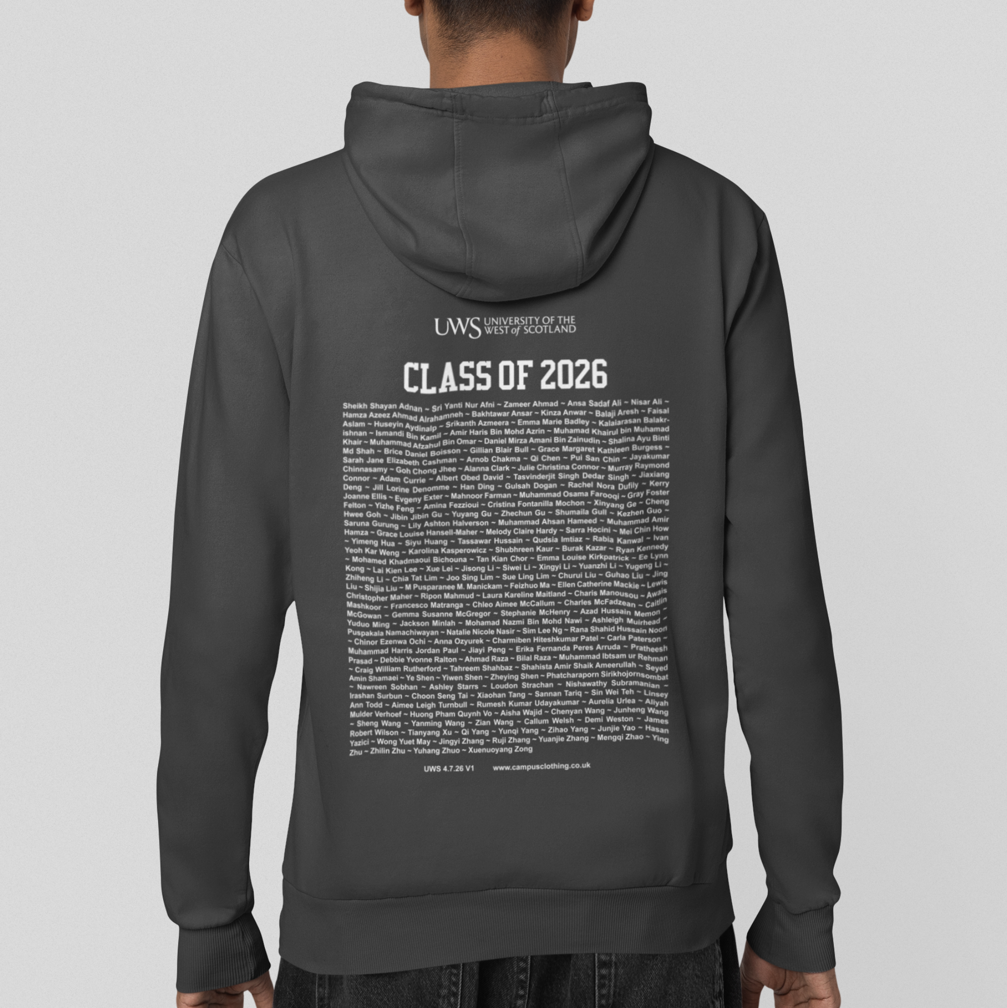 Black hoodie with 'Class of 2026' text on the back against a light gray background