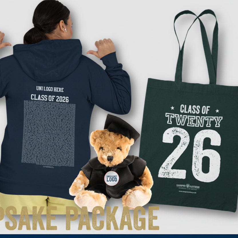 Navy hoodie, tote bag, teddy bear, and personalized items with 'Class of Twenty Twenty-Six' text.