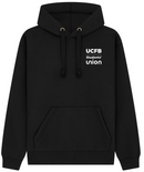 A black pullover hoodie with a white printed logo reading 'UCFB Students' Union' on the left chest, featuring black drawstrings and a front kangaroo pocket, shown on a plain white background.