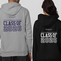 Two people wearing gray and black hoodies with 'Class of 2026' text on a light gray background.