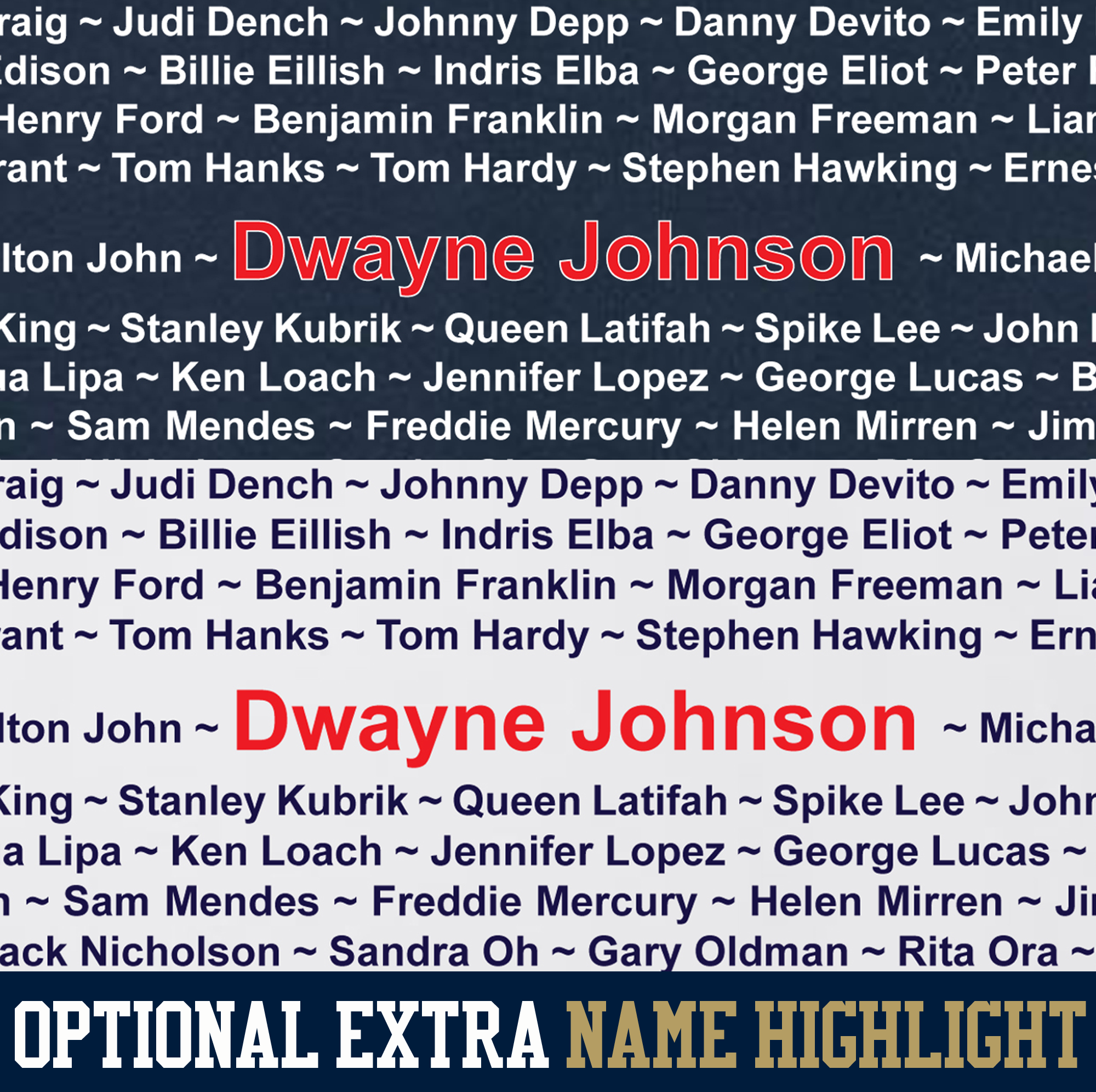 Text with names and Dwayne Johnson highlighted in red on a blue background