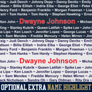 Text with names and Dwayne Johnson highlighted in red on a blue background