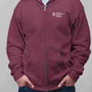 Person wearing a maroon hoodie with a logo on a gray background
