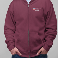 Person wearing a maroon hoodie with a logo on a gray background