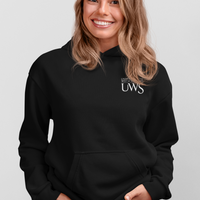 Woman wearing a black hoodie with 'UWS' text on a light gray background