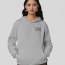 Person wearing a light gray hoodie with a logo on a white background