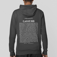 Black hoodie with 'Class of 2026' text on the back against a light gray background