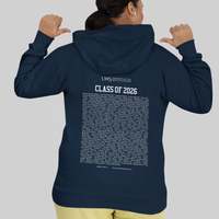 Person wearing a navy hoodie with 'Class of 2026' text on the back, standing against a plain background.