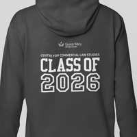Person wearing a gray hoodie with 'Class of 2026' text on the back against a light gray background