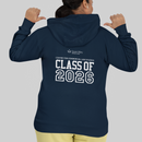 Person wearing a navy blue hoodie with 'Class of 2026' text on the back, on a light gray background.