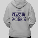 Person wearing a gray hoodie with 'Class of 2026' text on the back against a light gray background