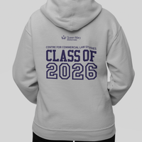Person wearing a gray hoodie with 'Class of 2026' text on the back against a light gray background