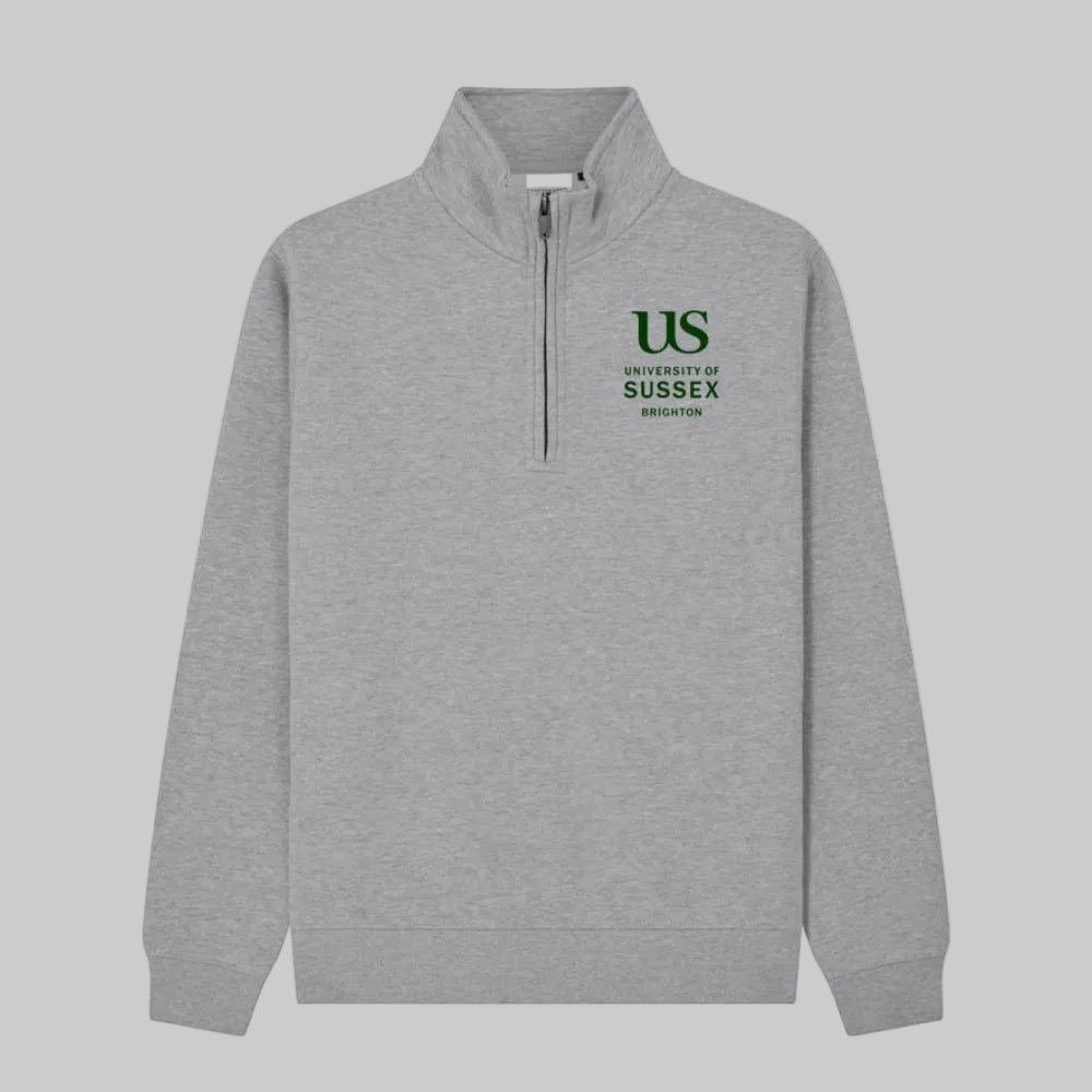 Gray zip-up sweatshirt with 'University of Sussex' logo on a white background